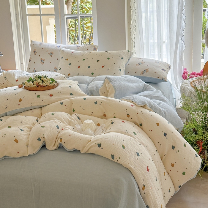 91家纺网 家纺一手货源 找家纺 木楌家居 2025新款A类全棉皱皱纱印花四件套 哈尼