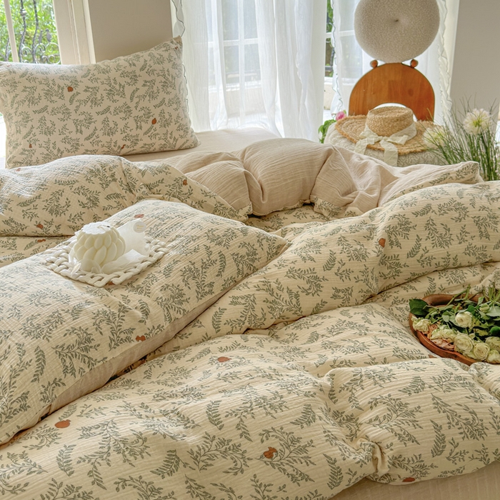 91家纺网 家纺一手货源 找家纺 木楌家居 2025新款A类全棉皱皱纱印花四件套 木兰