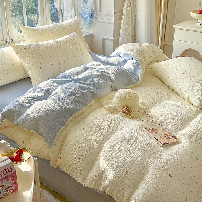 91家纺网 家纺一手货源 找家纺 木楌家居 2025新款A类全棉皱皱纱印花四件套 月瑶