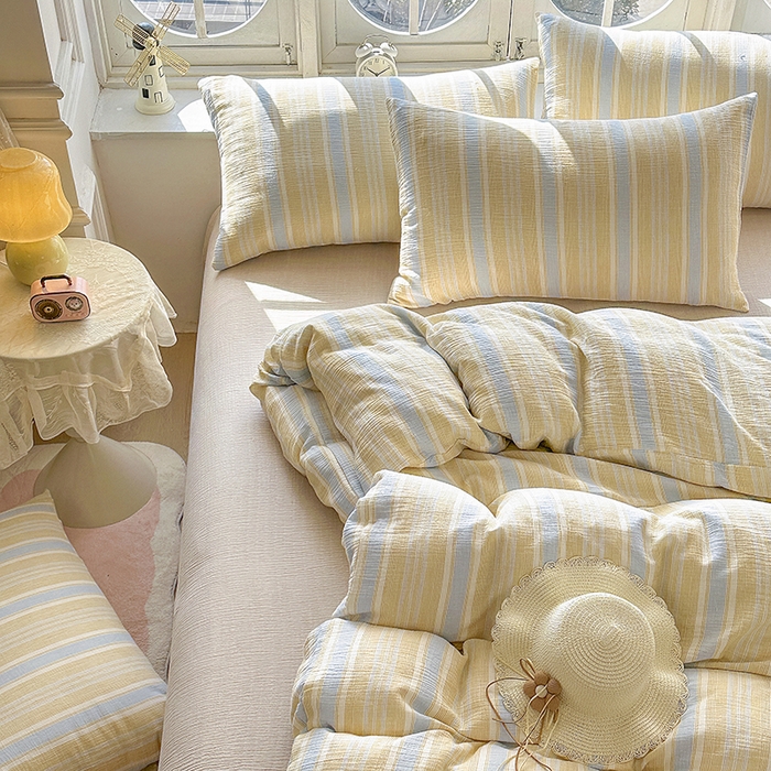 91家纺网 家纺一手货源 找家纺 木楌家居 2025新款A类全棉皱皱纱印花四件套 时序 黄