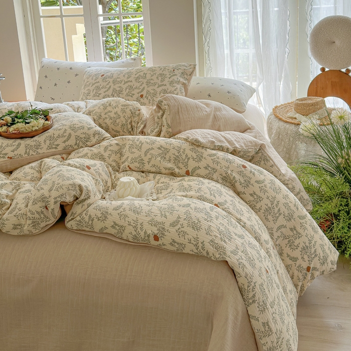 91家纺网 家纺一手货源 找家纺 木楌家居 2025新款A类全棉皱皱纱印花四件套 木兰