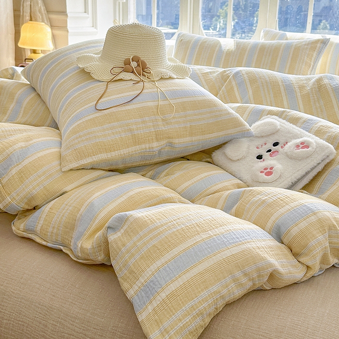 91家纺网 家纺一手货源 找家纺 木楌家居 2025新款A类全棉皱皱纱印花四件套 时序 黄