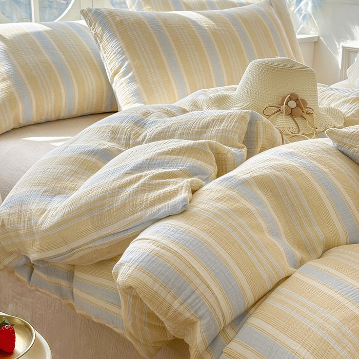 91家纺网 家纺一手货源 找家纺 木楌家居 2025新款A类全棉皱皱纱印花四件套 时序 黄