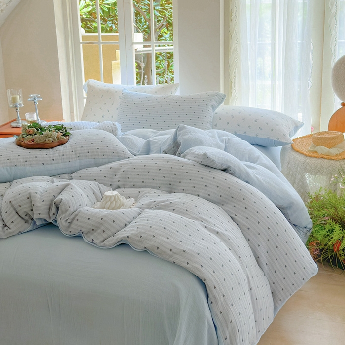 91家纺网 家纺一手货源 找家纺 木楌家居 2025新款A类全棉皱皱纱印花四件套 可心 兰