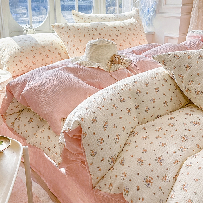 91家纺网 家纺一手货源 找家纺 木楌家居 2025新款A类全棉皱皱纱印花四件套 潇湘