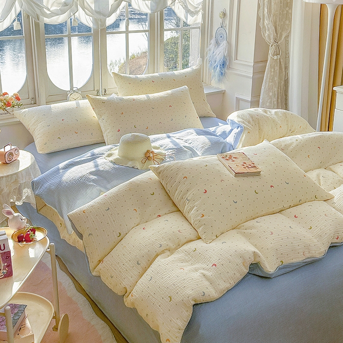 91家纺网 家纺一手货源 找家纺 木楌家居 2025新款A类全棉皱皱纱印花四件套 月瑶