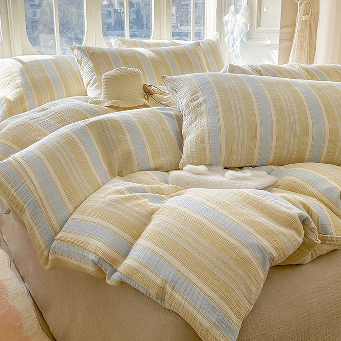 91家纺网 家纺一手货源 找家纺 木楌家居 2025新款A类全棉皱皱纱印花四件套 时序 黄