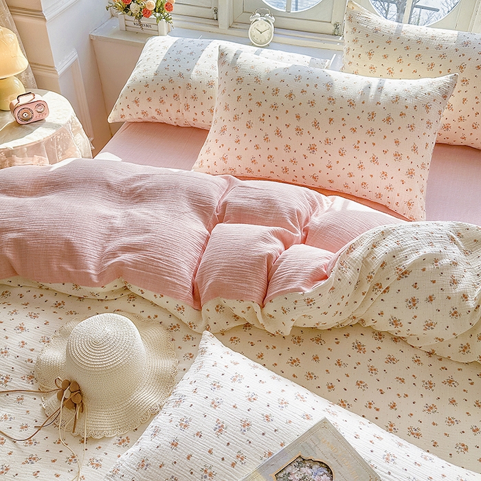 91家纺网 家纺一手货源 找家纺 木楌家居 2025新款A类全棉皱皱纱印花四件套 潇湘