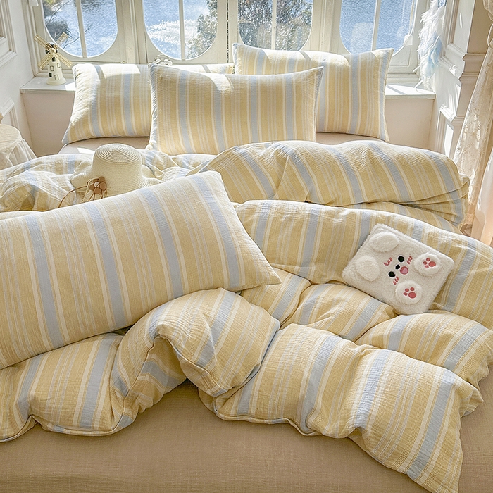 91家纺网 家纺一手货源 找家纺 木楌家居 2025新款A类全棉皱皱纱印花四件套 时序 黄