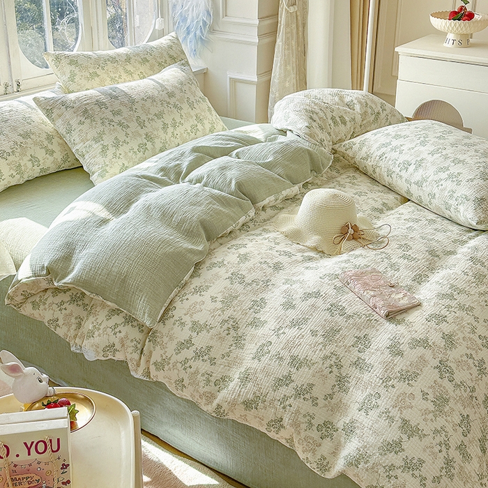 91家纺网 家纺一手货源 找家纺 木楌家居 2025新款A类全棉皱皱纱印花四件套 清颜