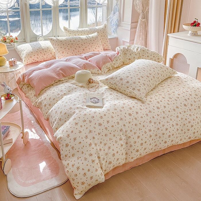 91家纺网 家纺一手货源 找家纺 木楌家居 2025新款A类全棉皱皱纱印花四件套 潇湘