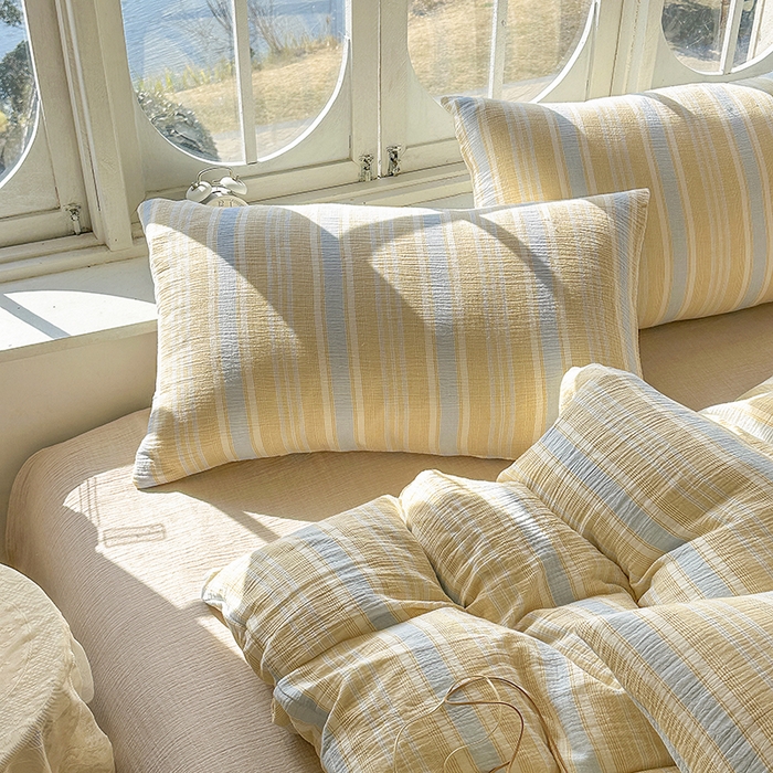 91家纺网 家纺一手货源 找家纺 木楌家居 2025新款A类全棉皱皱纱印花四件套 时序 黄