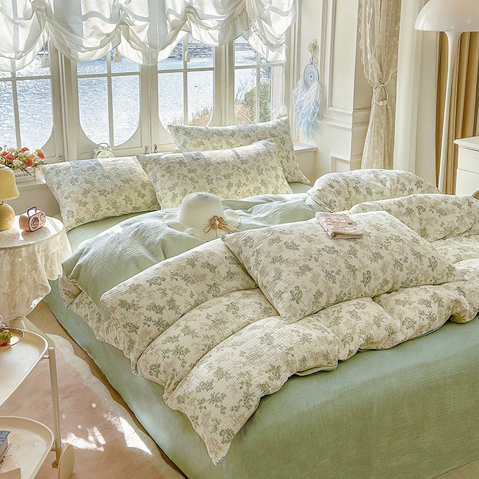 91家纺网 家纺一手货源 找家纺 木楌家居 2025新款A类全棉皱皱纱印花四件套 清颜