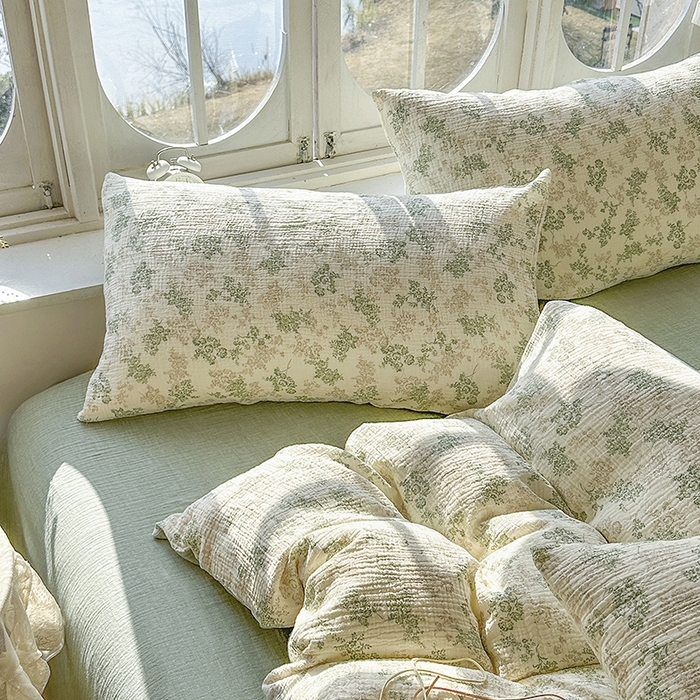 91家纺网 家纺一手货源 找家纺 木楌家居 2025新款A类全棉皱皱纱印花四件套 清颜