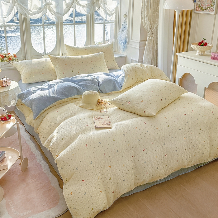 91家纺网 家纺一手货源 找家纺 木楌家居 2025新款A类全棉皱皱纱印花四件套 月瑶