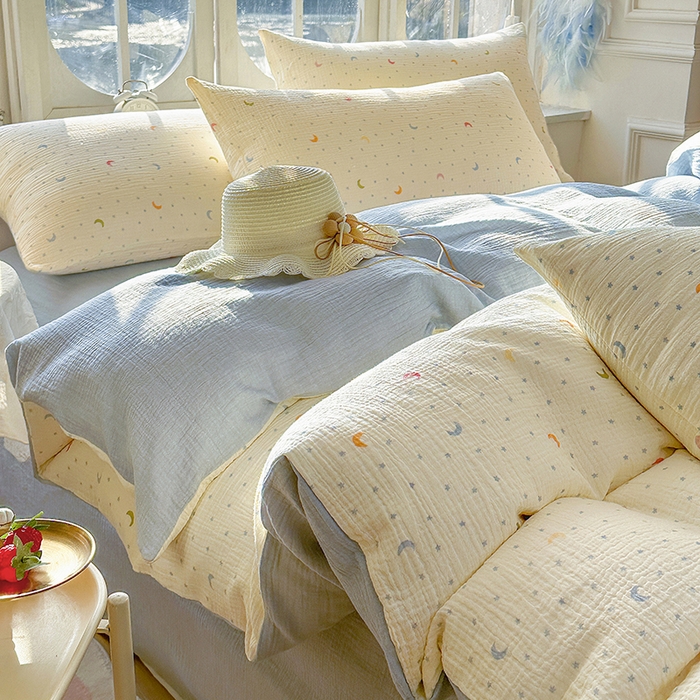 91家纺网 家纺一手货源 找家纺 木楌家居 2025新款A类全棉皱皱纱印花四件套 月瑶