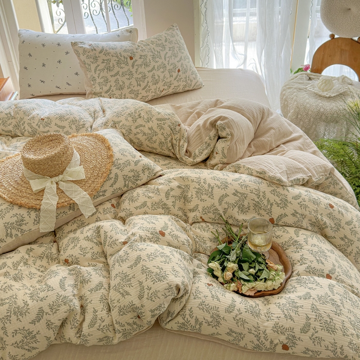 91家纺网 家纺一手货源 找家纺 木楌家居 2025新款A类全棉皱皱纱印花四件套 木兰