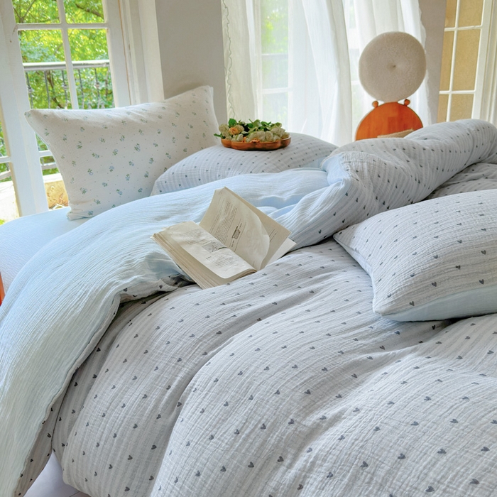 91家纺网 家纺一手货源 找家纺 木楌家居 2025新款A类全棉皱皱纱印花四件套 可心 兰