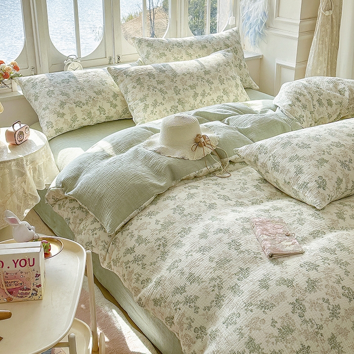 木楌家居 2025新款A类全棉皱皱纱印花四件套 清颜