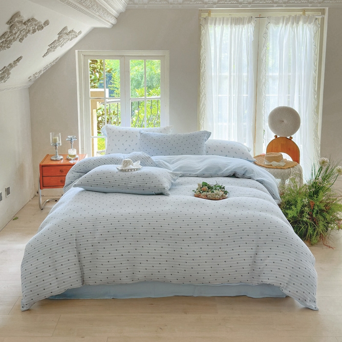 91家纺网 家纺一手货源 找家纺 木楌家居 2025新款A类全棉皱皱纱印花四件套 可心 兰