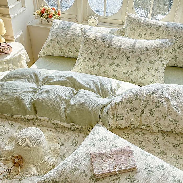 91家纺网 家纺一手货源 找家纺 木楌家居 2025新款A类全棉皱皱纱印花四件套 清颜