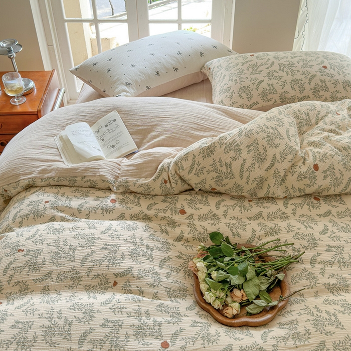 91家纺网 家纺一手货源 找家纺 木楌家居 2025新款A类全棉皱皱纱印花四件套 木兰