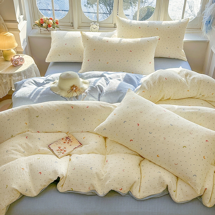 91家纺网 家纺一手货源 找家纺 木楌家居 2025新款A类全棉皱皱纱印花四件套 月瑶