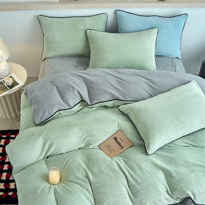 91家纺网 家纺一手货源 找家纺 兰紫橙家纺 2025新款牛奶绒嵌边提花剪花四件套（含买家秀） 心链-清新绿