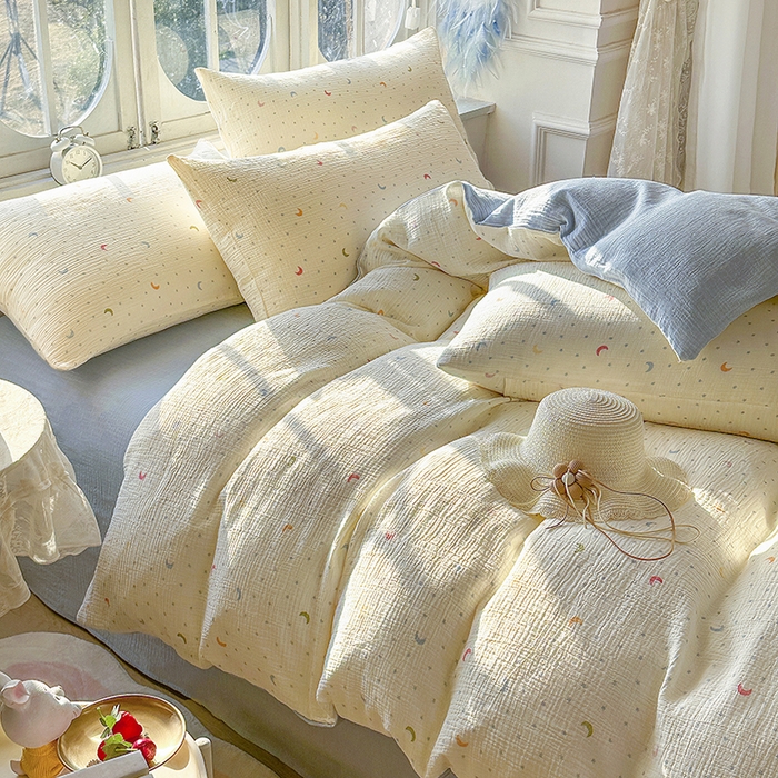 91家纺网 家纺一手货源 找家纺 木楌家居 2025新款A类全棉皱皱纱印花四件套 月瑶