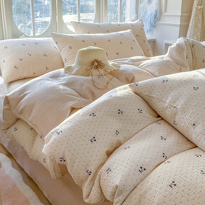 91家纺网 家纺一手货源 找家纺 木楌家居 2025新款A类全棉皱皱纱印花四件套 初微