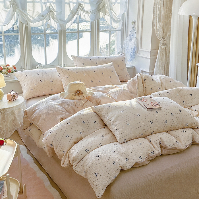 91家纺网 家纺一手货源 找家纺 木楌家居 2025新款A类全棉皱皱纱印花四件套 初微