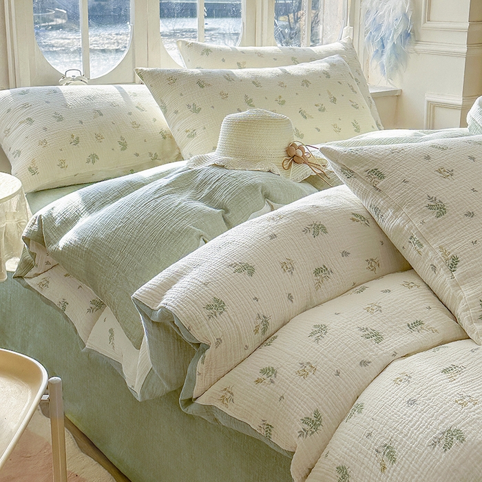 91家纺网 家纺一手货源 找家纺 木楌家居 2025新款A类全棉皱皱纱印花四件套 芮汐