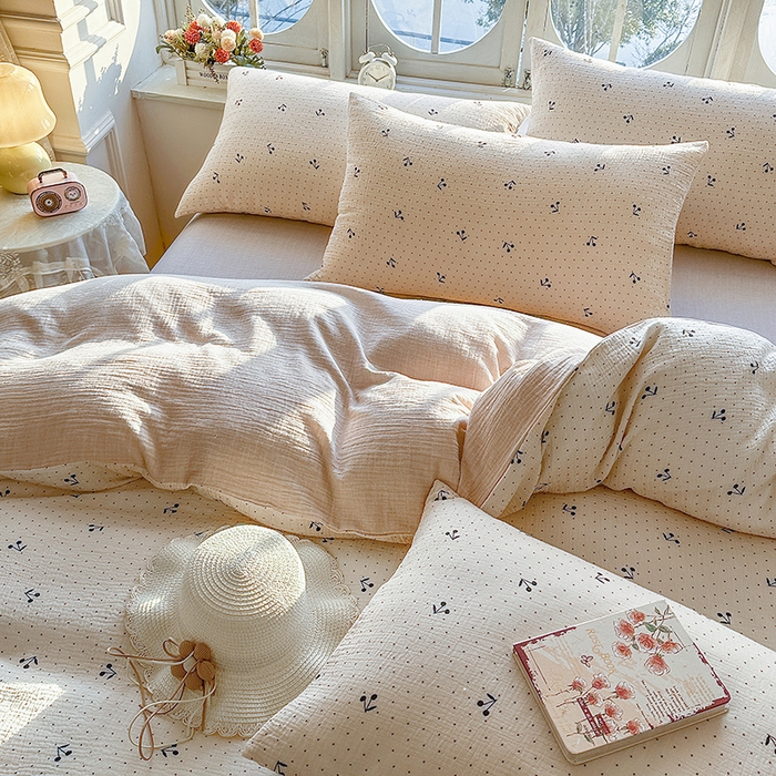 91家纺网 家纺一手货源 找家纺 木楌家居 2025新款A类全棉皱皱纱印花四件套 初微