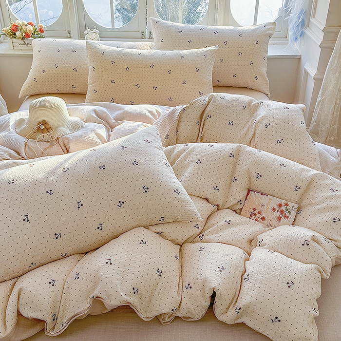 91家纺网 家纺一手货源 找家纺 木楌家居 2025新款A类全棉皱皱纱印花四件套 初微