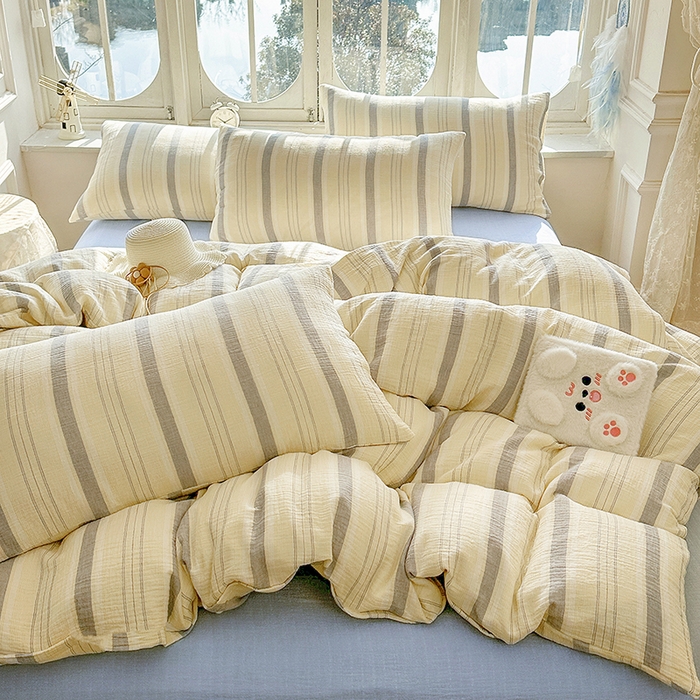 91家纺网 家纺一手货源 找家纺 木楌家居 2025新款A类全棉皱皱纱印花四件套 时序 桔蓝