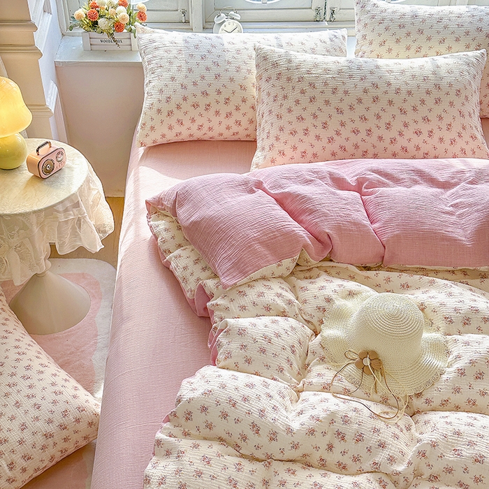 91家纺网 家纺一手货源 找家纺 木楌家居 2025新款A类全棉皱皱纱印花四件套 悠然