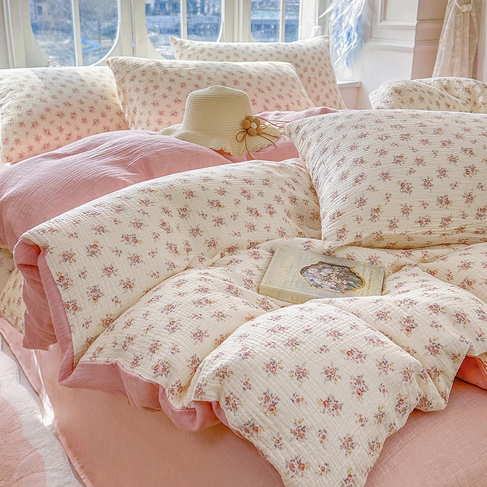 91家纺网 家纺一手货源 找家纺 木楌家居 2025新款A类全棉皱皱纱印花四件套 悠然