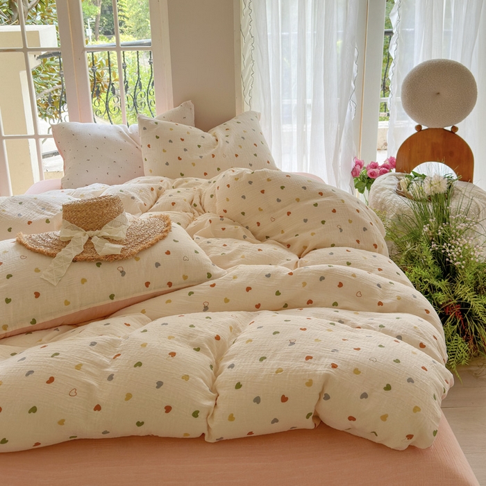 91家纺网 家纺一手货源 找家纺 木楌家居 2025新款A类全棉皱皱纱印花四件套 奶油爱心