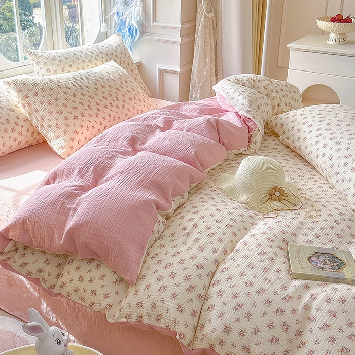 91家纺网 家纺一手货源 找家纺 木楌家居 2025新款A类全棉皱皱纱印花四件套 悠然