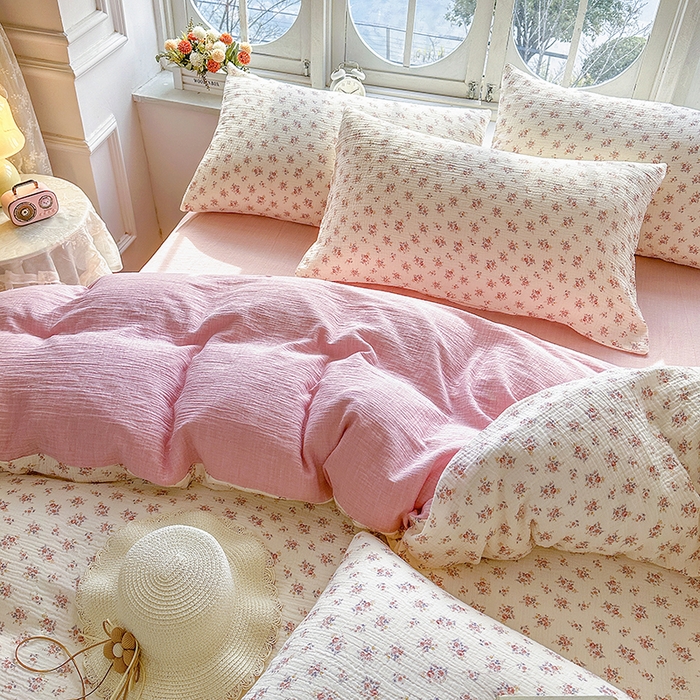 91家纺网 家纺一手货源 找家纺 木楌家居 2025新款A类全棉皱皱纱印花四件套 悠然