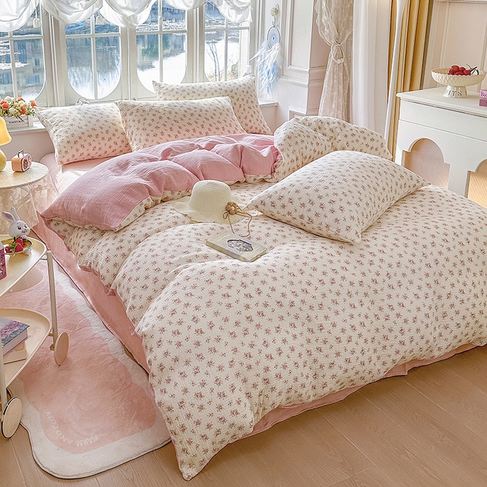 91家纺网 家纺一手货源 找家纺 木楌家居 2025新款A类全棉皱皱纱印花四件套 悠然