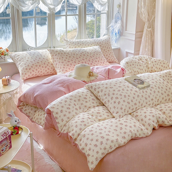 91家纺网 家纺一手货源 找家纺 木楌家居 2025新款A类全棉皱皱纱印花四件套 悠然