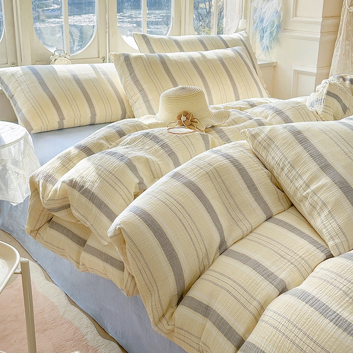 91家纺网 家纺一手货源 找家纺 木楌家居 2025新款A类全棉皱皱纱印花四件套 时序 桔蓝