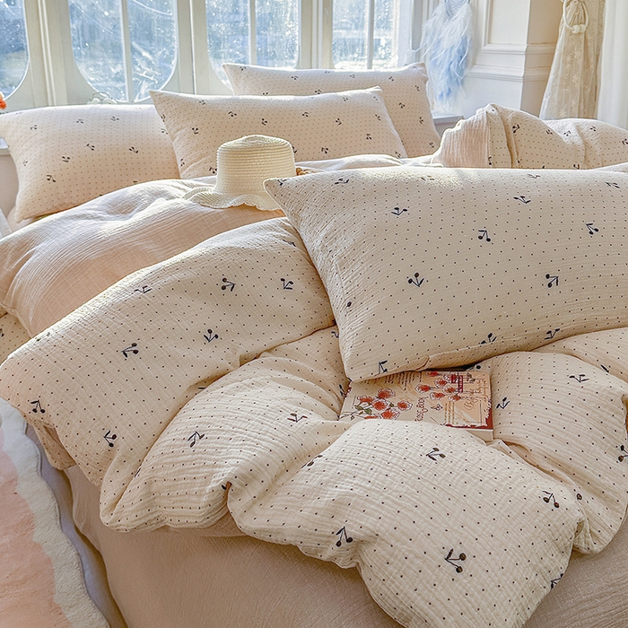 91家纺网 家纺一手货源 找家纺 木楌家居 2025新款A类全棉皱皱纱印花四件套 初微