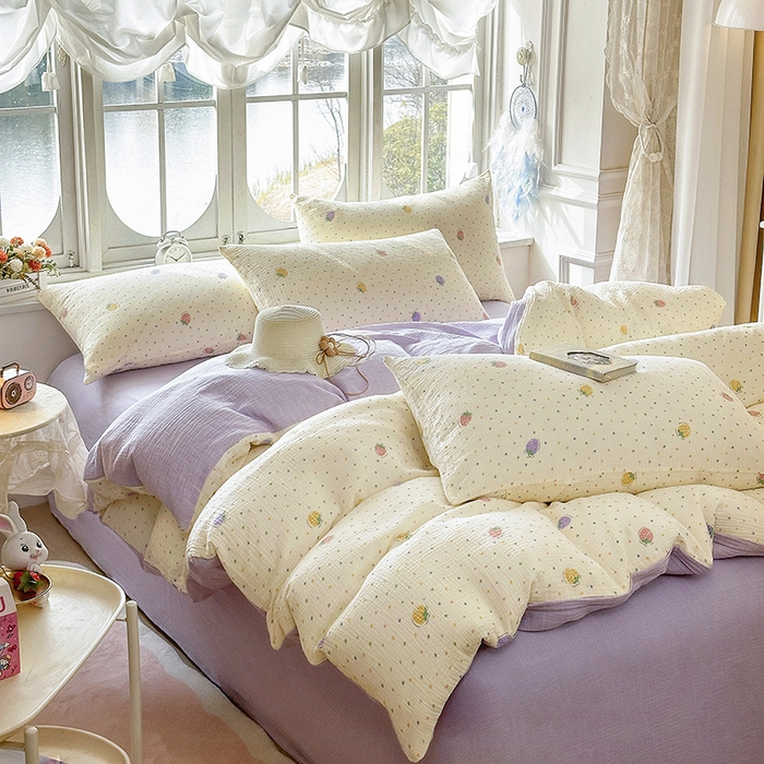 91家纺网 家纺一手货源 找家纺 木楌家居 2025新款A类全棉皱皱纱印花四件套 草莓啵啵