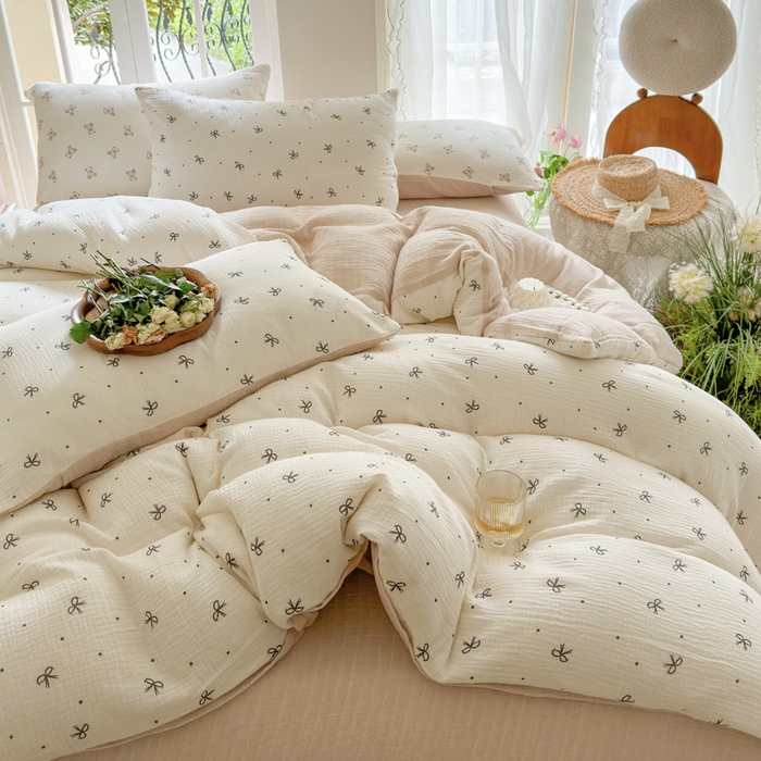 91家纺网 家纺一手货源 找家纺 木楌家居 2025新款A类全棉皱皱纱印花四件套 宁静