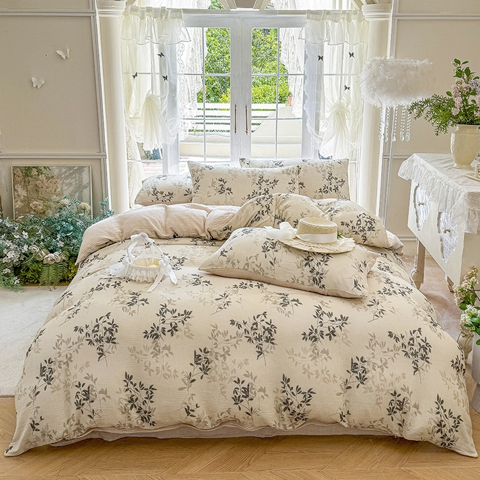 91家纺网 家纺一手货源 找家纺 木楌家居 2025新款A类全棉皱皱纱印花四件套 云梦泽