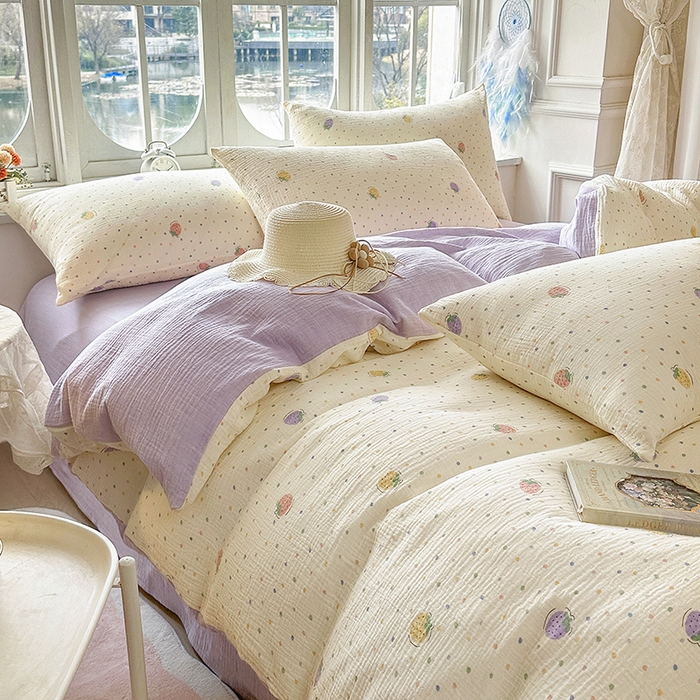 木楌家居 2025新款A类全棉皱皱纱印花四件套 草莓啵啵