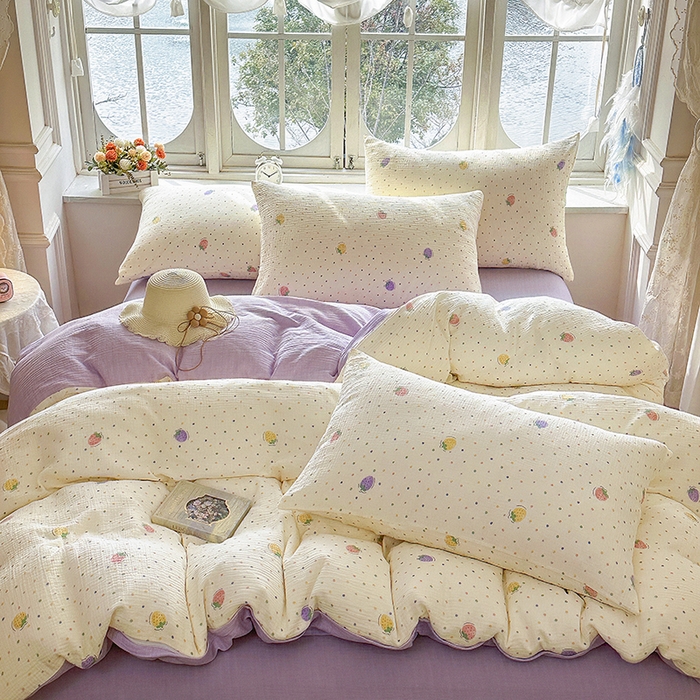 91家纺网 家纺一手货源 找家纺 木楌家居 2025新款A类全棉皱皱纱印花四件套 草莓啵啵