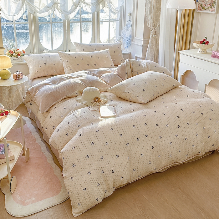 91家纺网 家纺一手货源 找家纺 木楌家居 2025新款A类全棉皱皱纱印花四件套 初微